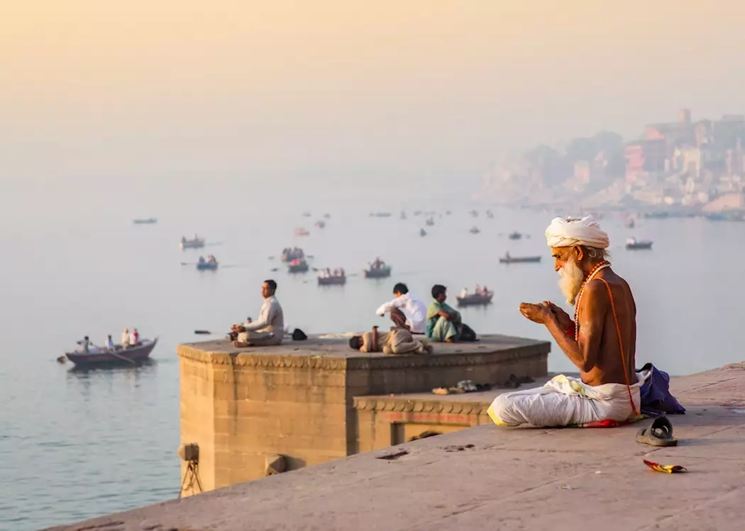 Morning prayer by the river Ganges, Varanasi