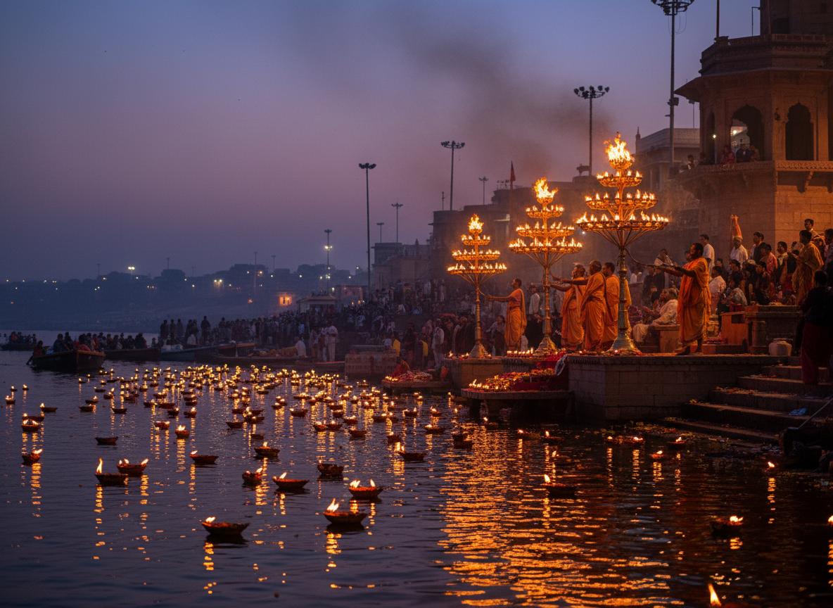 Ganga Aarti on the Varanasi ghats at dusk